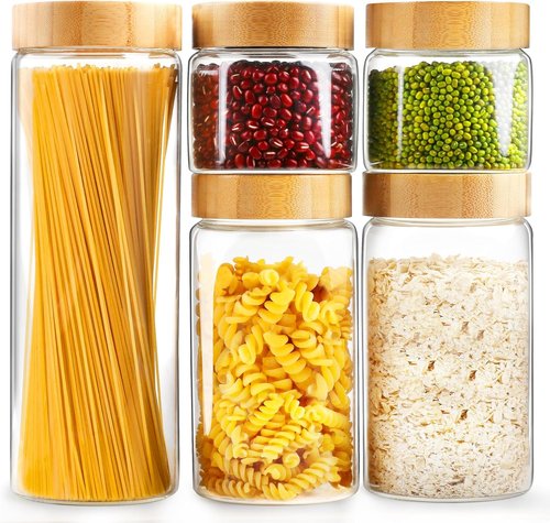 AISIPRIN Airtight Glass Storage Jars - 5-Piece Set with Bamboo Lids for Cookies, Pasta & Cereal | 80oz, 50oz, 27oz