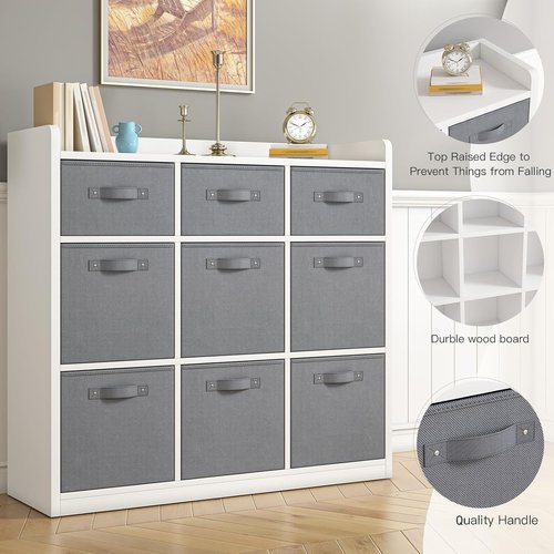 EnHomee 9 Cube Storage Organizer with Storage Bins, Sturdy and Durable Wooden Bookcase with Fabric Drawers, 9 Cube Shelf for Bedroom, Living Room,White Grey, 11.8" D x 29.5" W x 35.4" H,