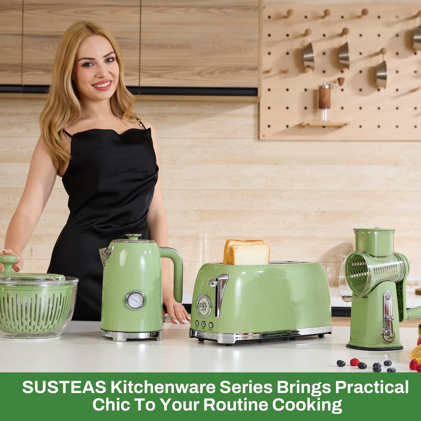 SUSTEAS Toaster 4 Slice Wide Slot, Stainless Steel Bread Bagel Toasters, Retro Long Slot Tostadora for Defrost, Reheat, Removable Crumb Tray, 1500W, 6 Browning Settings, Retro Green