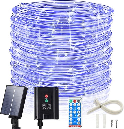 ICRGB Solar Pool Lights for Above Ground, 66FT 200LED 1800mAh Solar Rope Lights Outdoor, IP67 Waterproof Blue String Light with Remote, 8 Modes & Timing, Pool Garden Patio Fence Walkway Christmas