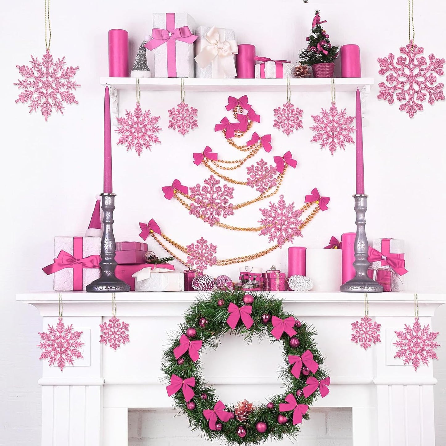 Skiennix 36pcs Christmas Light Pink Snowflake Ornaments - Glittery Plastic Decorations for Winter Trees