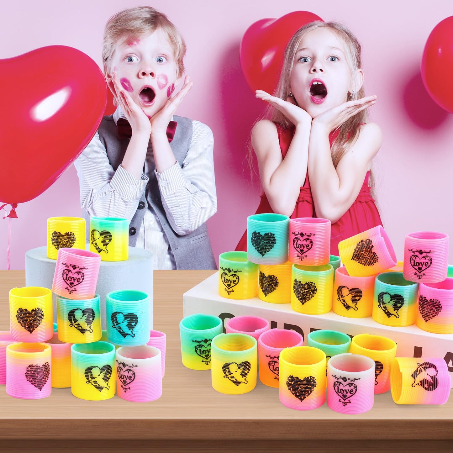 CLEVERZONE 36 Packs Spring Rainbow Magic Fidget Stress Coil Mini Springs Bulk Toys Valentine's Day Wedding Party Favor Goodie Bag Stuffers For Kids Boys Girls (Love)