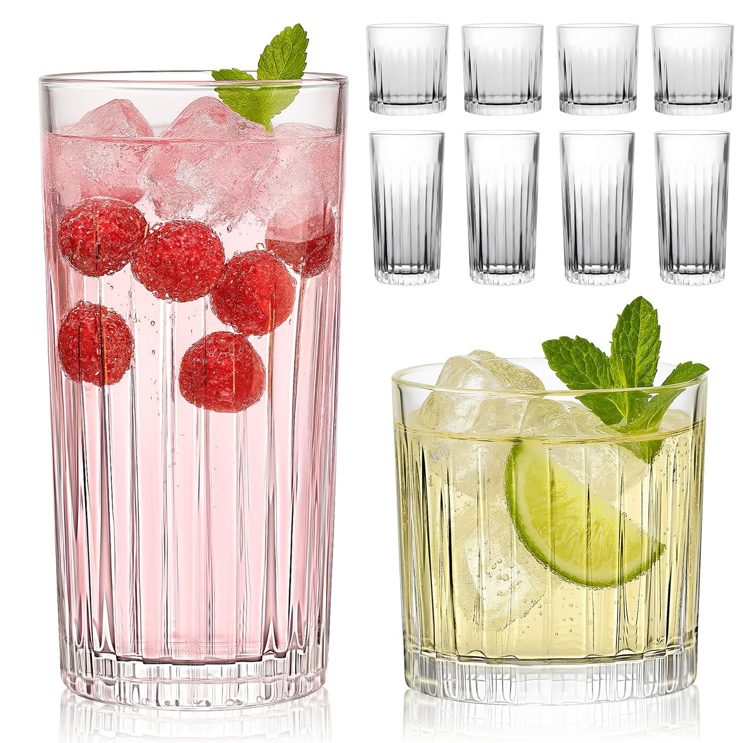 Laerjin Drinking Glasses Set of 8, 12 oz Highball Glasses & 10 oz Cocktail Glasses Set, Ribbed Glass Cups,Thick Glass Cups, Kitchen Water Glasses Cup, Bar Tumbler Glassware for Beer, Whiskey(Clear)