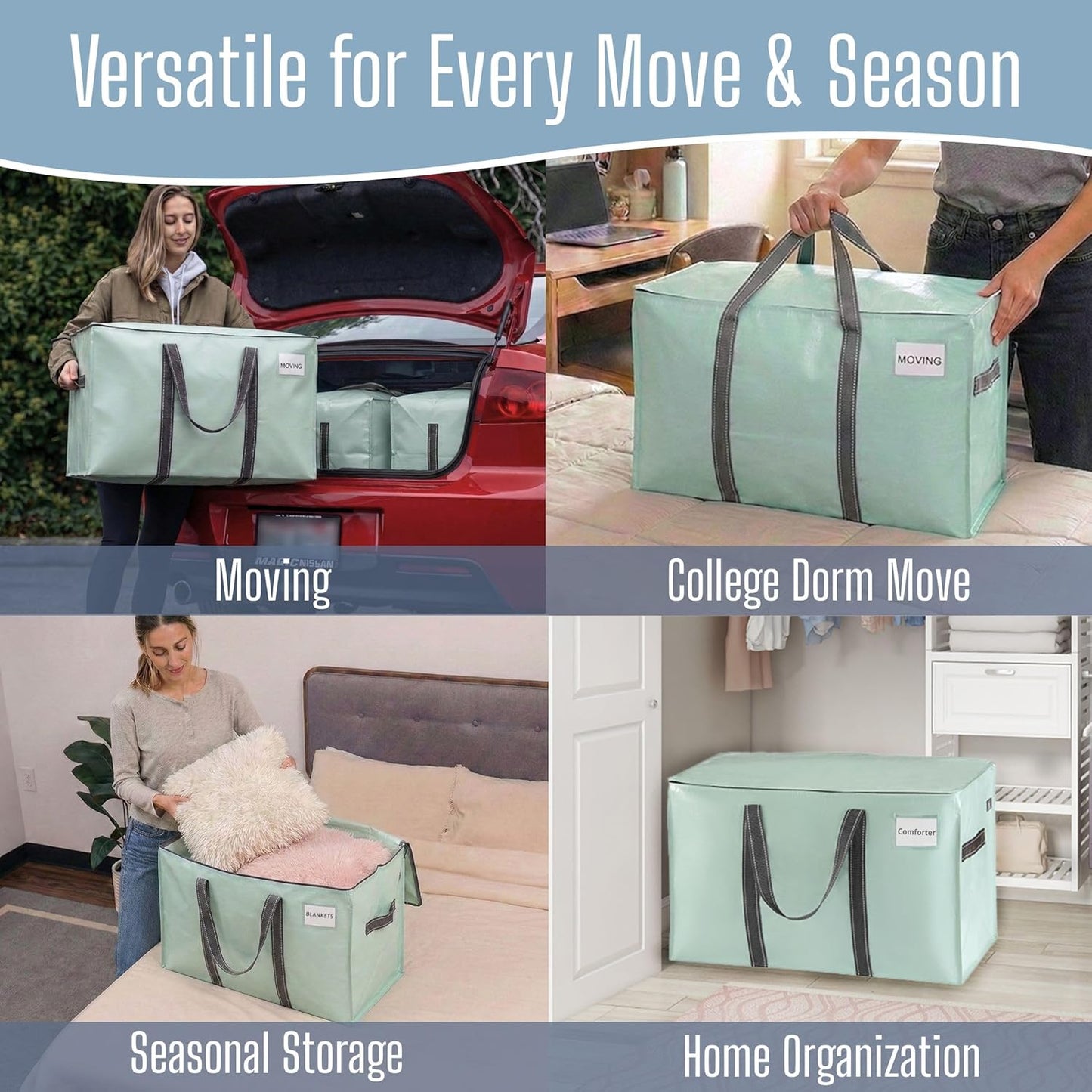 VENO Heavy Duty Moving Bags - Extra Large Storage Solution with Reinforced Handles & Strong Zippers | 6 Pack, Foldable & Reusable