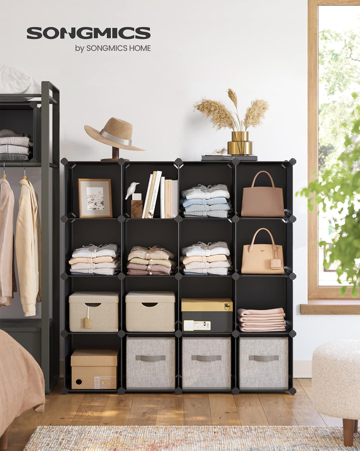 SONGMICS Cube Storage Organizer - Set of 16 Plastic Cubes for Room Organization | 12.2 x 48.4 x 48.4 Inches, Black