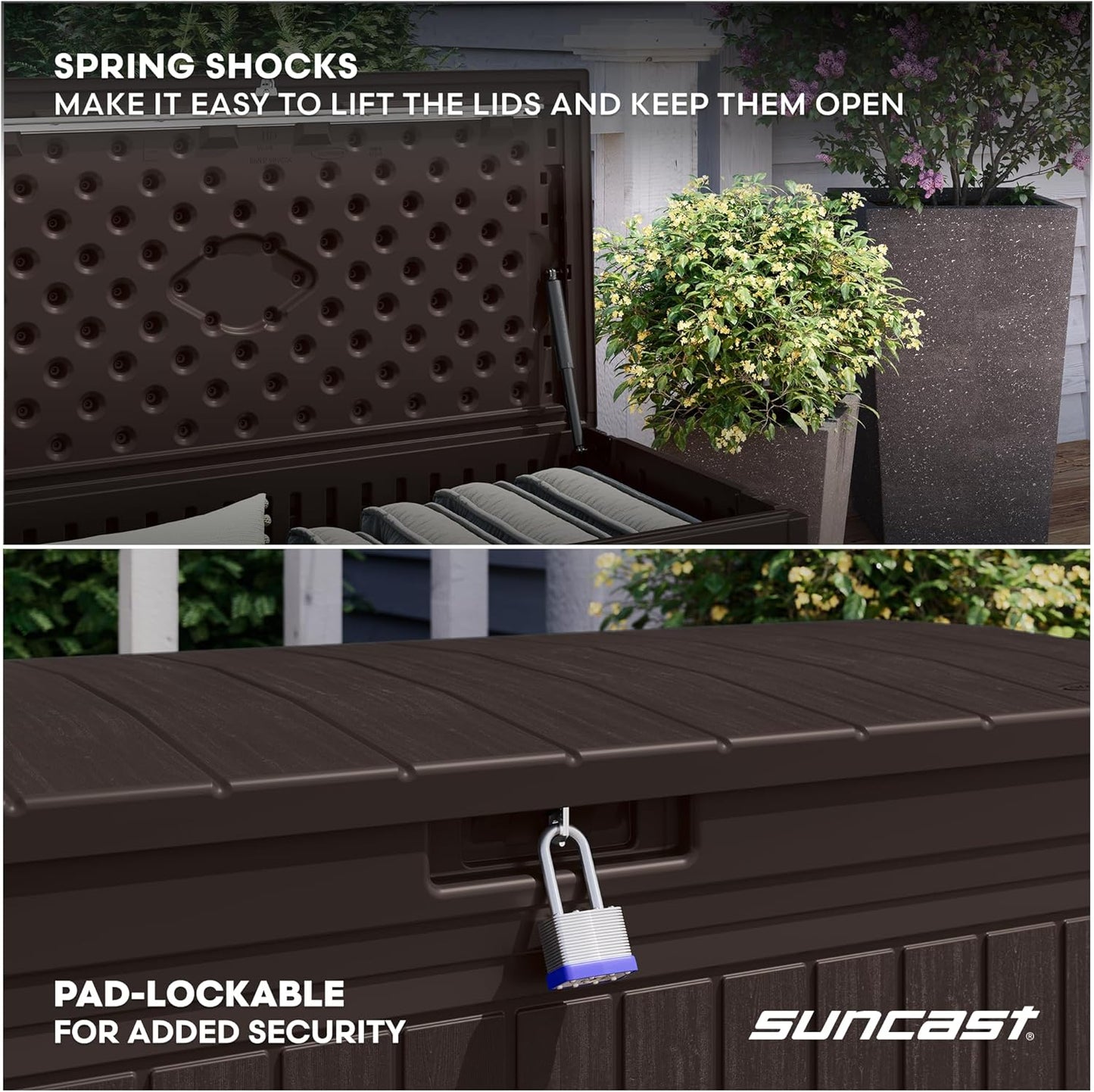 Suncast 80-Gal. Resin Outdoor Patio Deck Box - Modern Storage Solution for Cushions & Garden Tools, Java