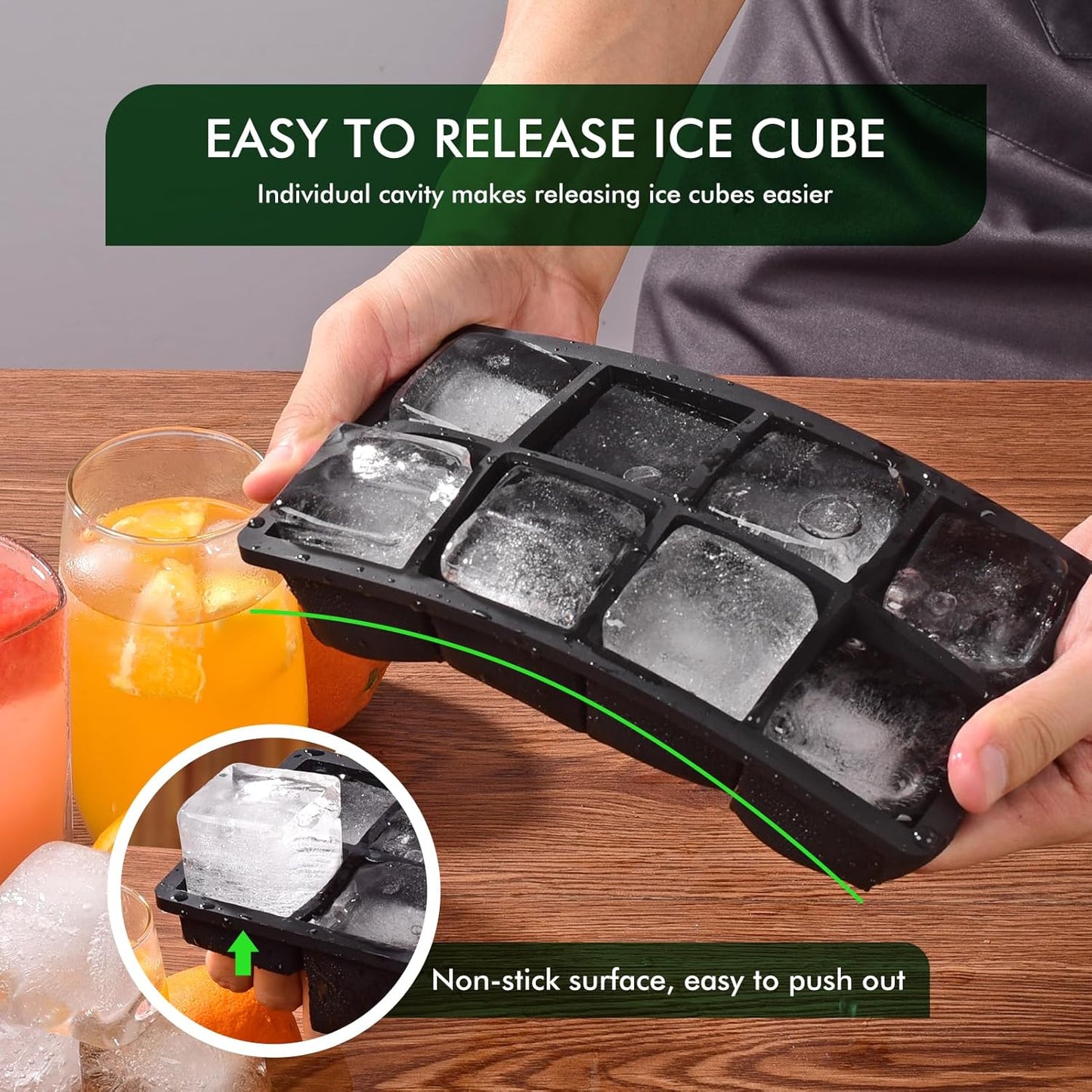 SLGOL Ice Cube Tray - Easy Release Silicone Molds for Whiskey | Stackable 8 Square Ice Cubes