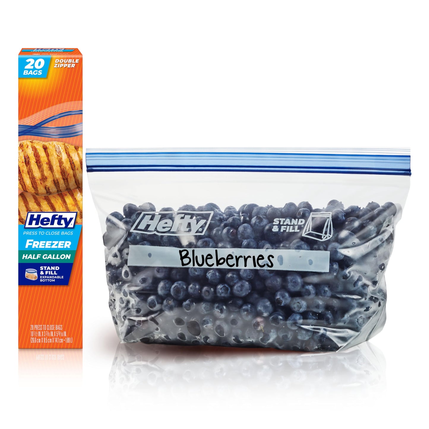 Hefty Press to Close Plastic Freezer Bags, Half Gallon Size, 20 Count