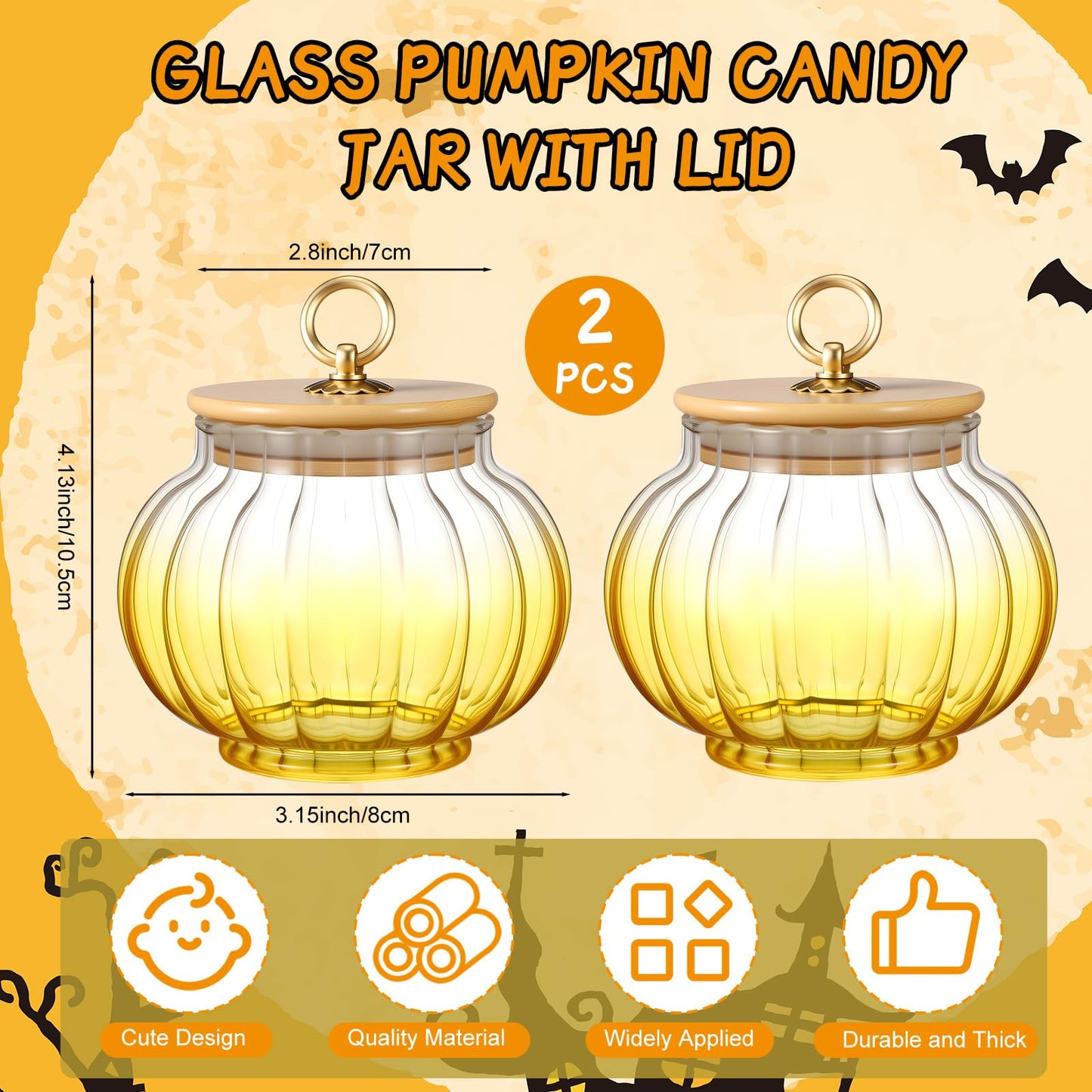 Suclain 2 Pcs Thanksgiving Glass Jars Pumpkin with Bamboo Lids 20 oz Fall Candy Dishes Cookie Bar Crystal Candy Bowl Storage Containers Snack Jars Decorative Glass Canister for Home Decoration