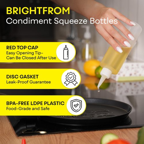 Condiment Squeeze Bottles, 8 OZ Empty Squirt Bottle, Red Top Cap, Leak Proof - for Ketchup, Mustard, Syrup, Sauces, Dressing, Oil, Arts & Crafts, BPA FREE Plastic - Perfect for Kitchen - 2 PACK