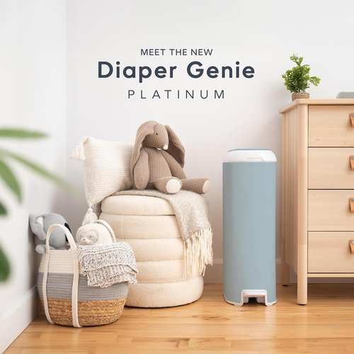 Diaper Genie Platinum Pail - Durable Stainless Steel with 1 Easy Roll Refill | Glacial Blue, Lasts 5 Months