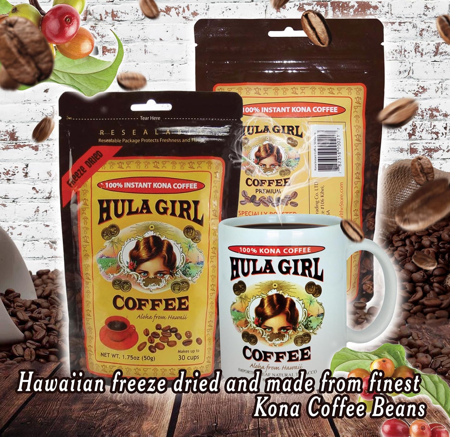 KONA COFFEE 100% - Premium Freeze Dried Instant - Low Acid - Medium Roast Arabica, 1.5oz (1 Pack | 25 Servings) KONA COFFEE 100% - Low Acid Coffee - Servings) Hula Girl the Store
