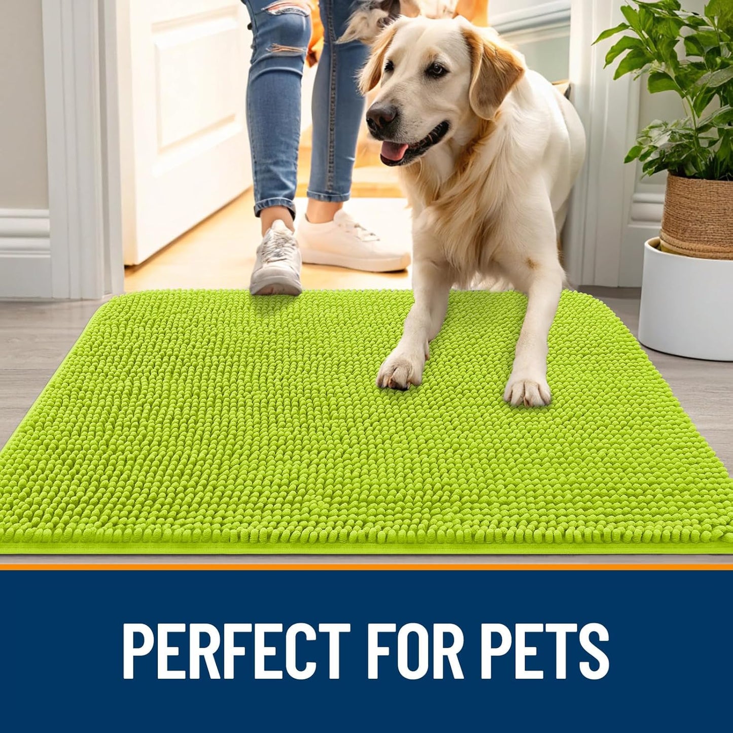 OLANLY Dog Door Mat - Absorbent Non-Slip Mud Mat for Indoor Use | Quick Dry Chenille, 24x16, Bright Green