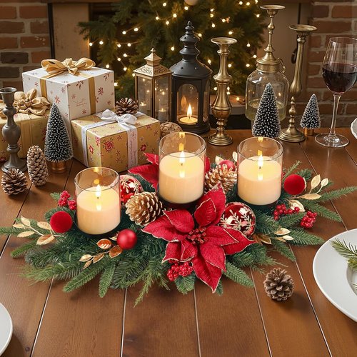Alupssuc 28" Christmas Centerpiece - Elegant Candle Holders with Baubles & Pine Cones | Holiday Table Decor