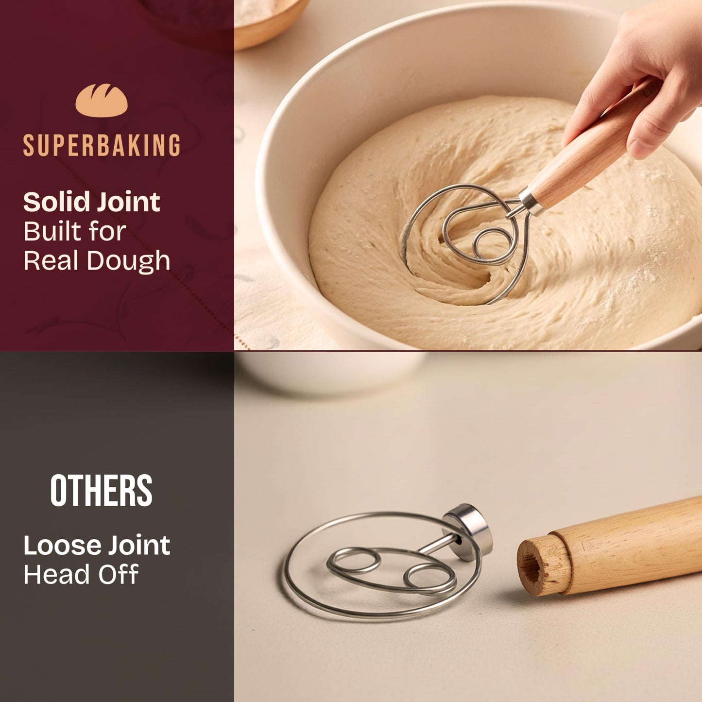 Superbaking Danish Dough Whisk - 12" Bread Whisk for Dough Mixing - Single Eye Design Sourdough Whisk - Sourdough Bread Baking Supplies - Bread Making Tools and Accessories - Ergonomic Wooden Handle