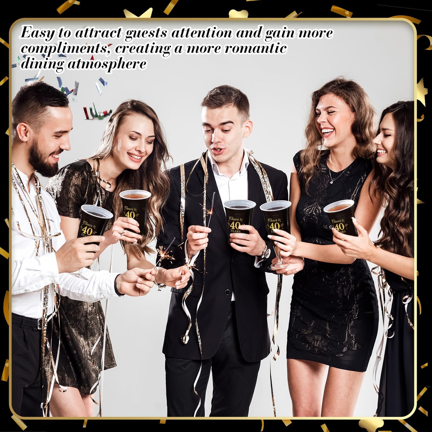 Ziliny 50 Pack 40th Birthday Decorations Birthday Cups 16 oz Disposable Plastic Gold and Black Cheers to 40 Years Cups for Men Women Hot Cold Drinks for Wedding Anniversary Supplies