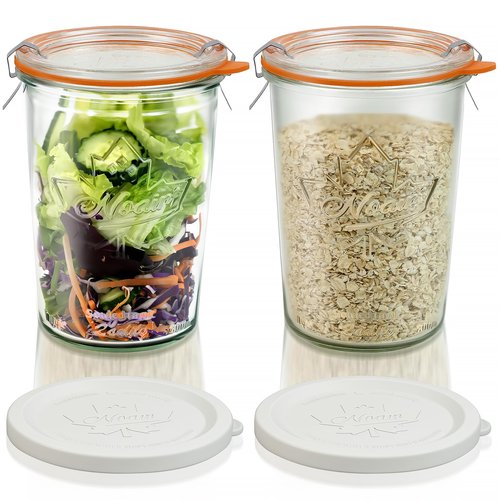 Freshmage Canning Jars 27 oz 2 Pack, Sourdough Starter Jars with 2 Lids Per Jar (Glass Sealing Lid & Plastic Lid), 800ML Wide Mouth Airtight Glass Storage Containers for Pickles, Yogurt, Pasta, Cereal