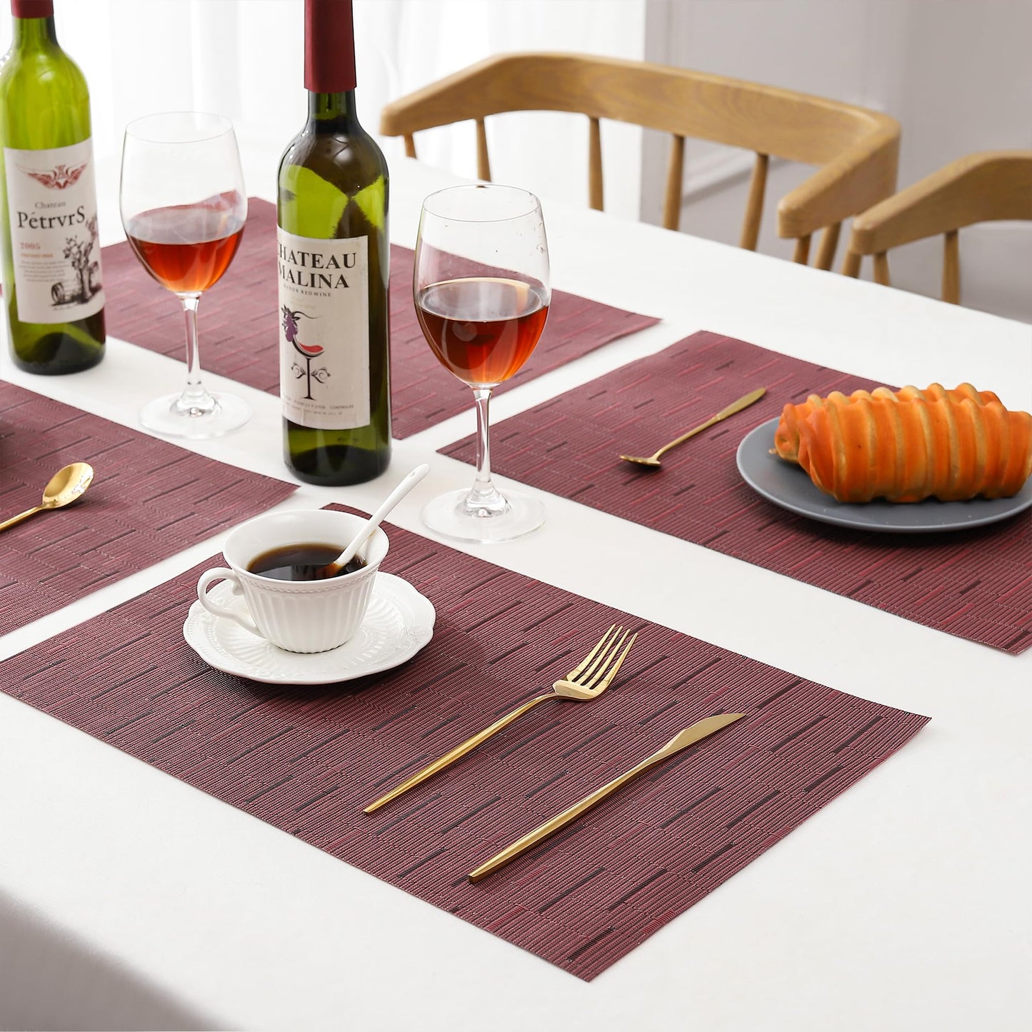 Leetaltree Burgundy Placemats Set of 6 - Heat Resistant Non-Slip Place mats for Dining Table, Washable Durable PVC Vinyl Woven Table Mats（Burgundy, 6）
