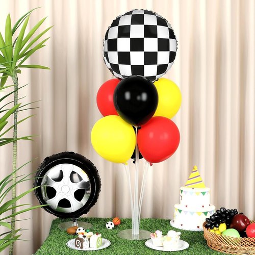 **Race Car Party Balloons Kit by [Brand Name] - 2 Sets with Checkered Foil Balloons | Red, Black & Yellow Decor for Boys' Birthday**