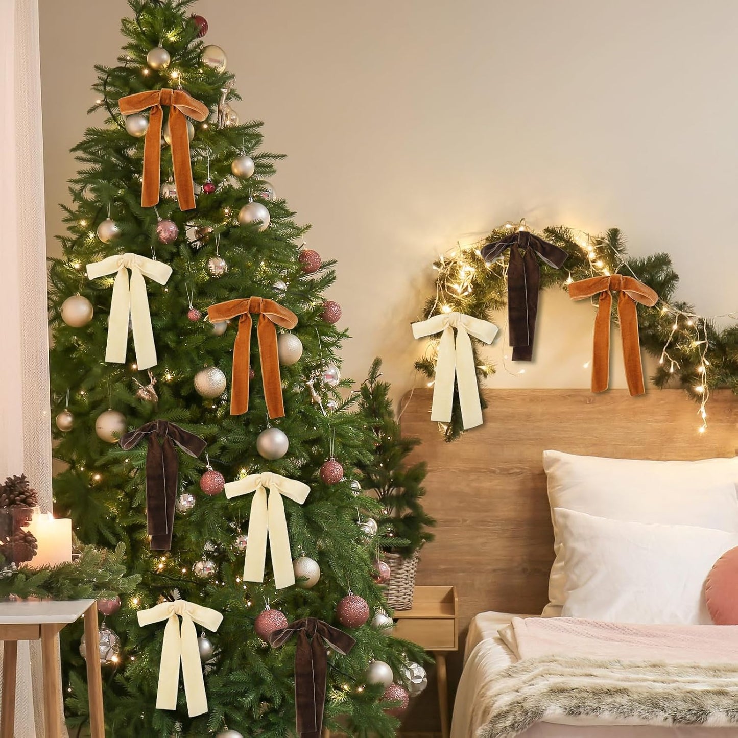 Regine Switzerland Velvet Bows - 24 Pcs Christmas Tree Ornaments | Coquette Wedding Decor (5 x 7 Inch, Khaki)