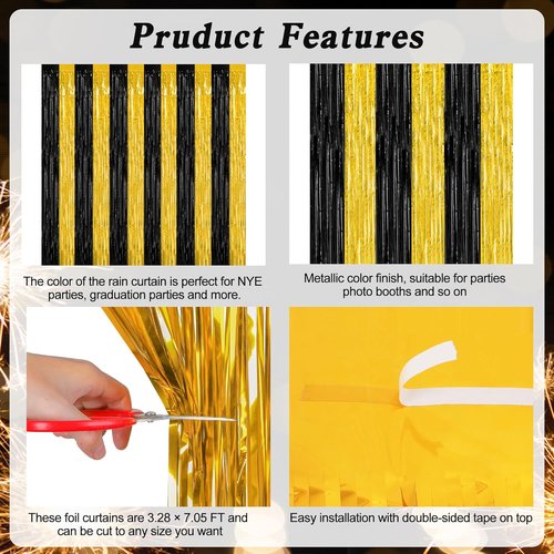 2 Pack Skiennix Graduation Backdrop - Black and Gold Foil Fringe Curtains | 3.28 FT x 7.05 FT Class of 2026 Party Decorations