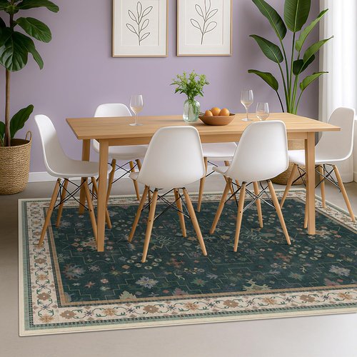 Hazo Haus Vintage Dark Green 6x9 Area Rug - Washable Floral Design for Dining & Living Rooms