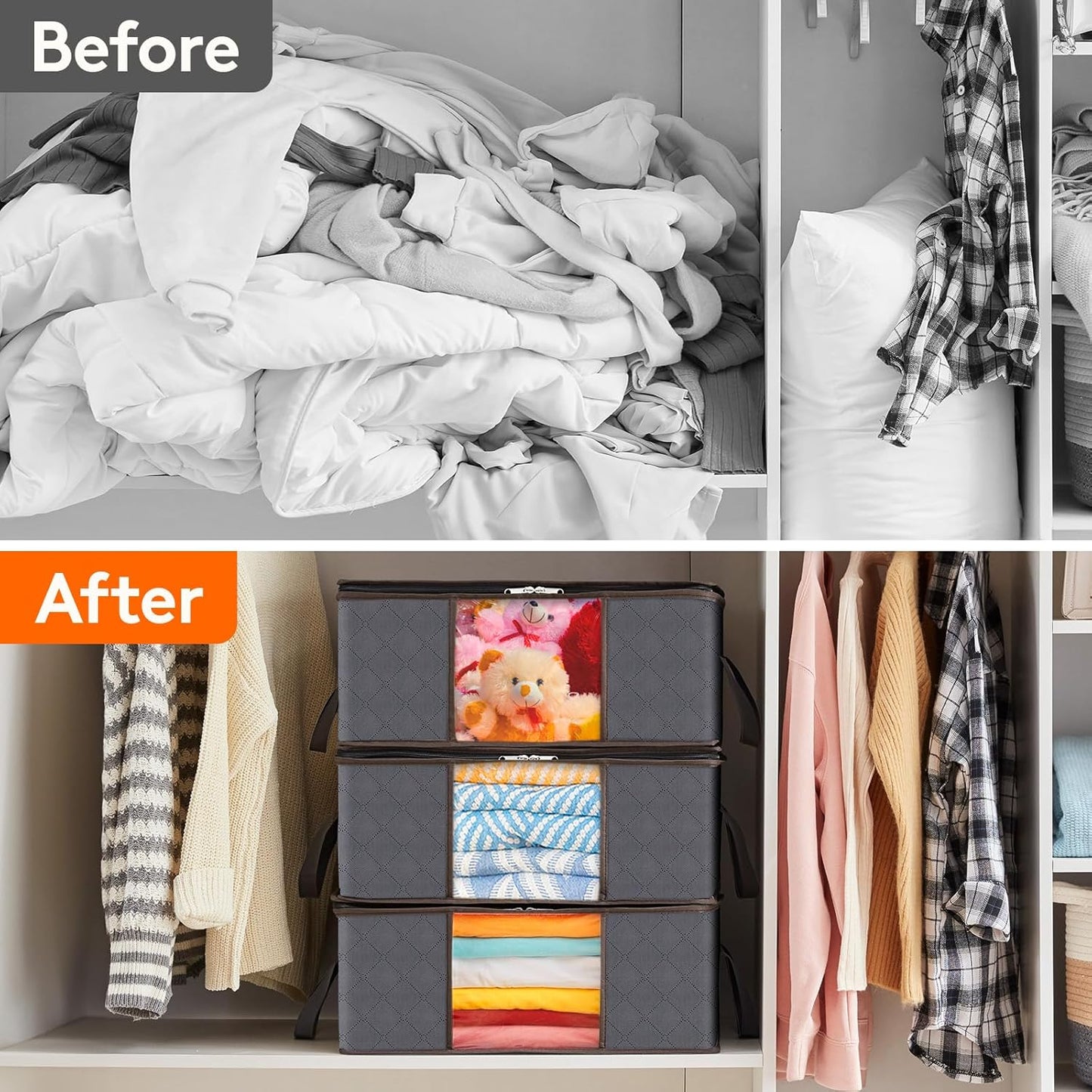 Lifewit 4-Pack Clothes Storage Bags - Foldable Organizer with Reinforced Handles & Clear Window | Gray