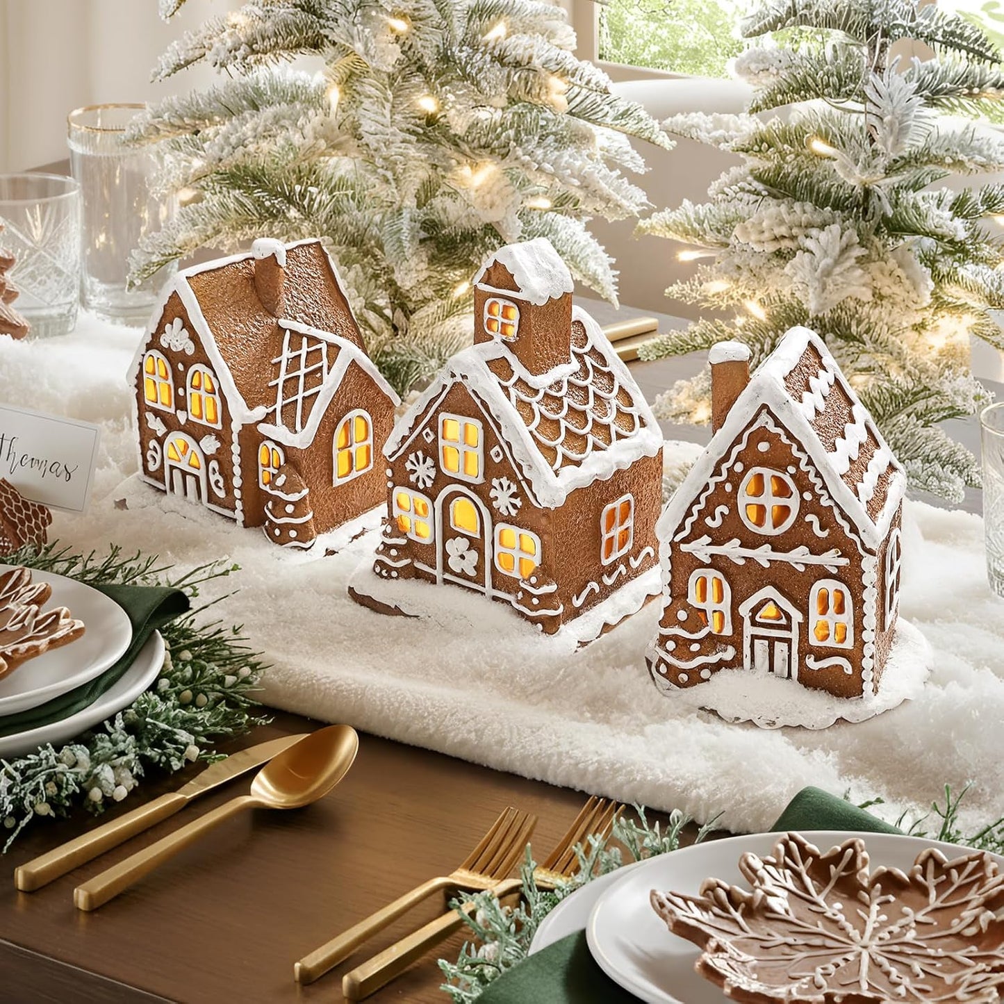 Skiennix Light-Up Gingerbread House Christmas Decorations | 3-Piece Collectible Figurines with LED Lights