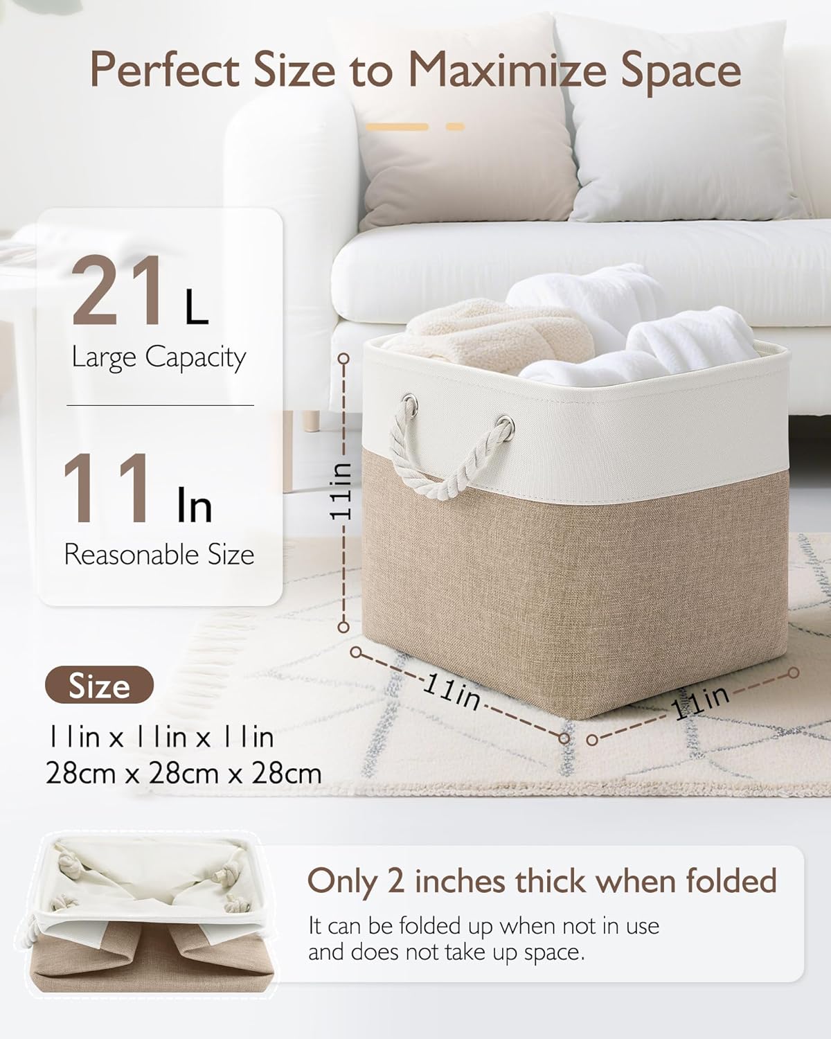 Patvingot 11-Inch Cube Storage Bins - 6 Pack Fabric Organizer Baskets with Rope Handles | White/Khaki