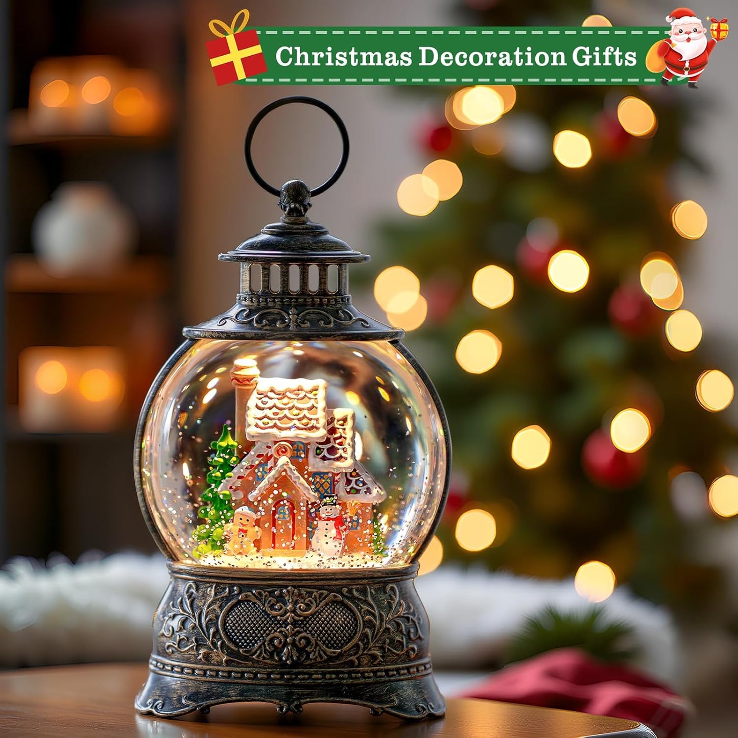 Skiennix Christmas Snow Globe - Gingerbread Man & Snowman Water Lantern with Music & 6H Timer