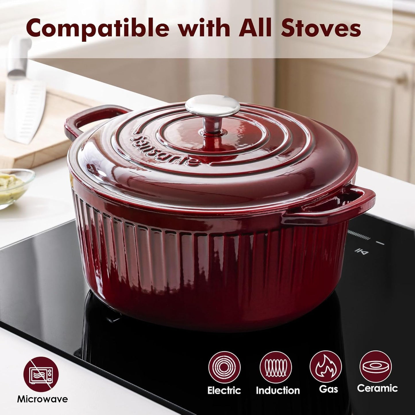 SENSARTE Enameled Cast Iron Dutch Oven - 3.5 Quart Heavy-Duty Pot with Lid & Accessories | Red