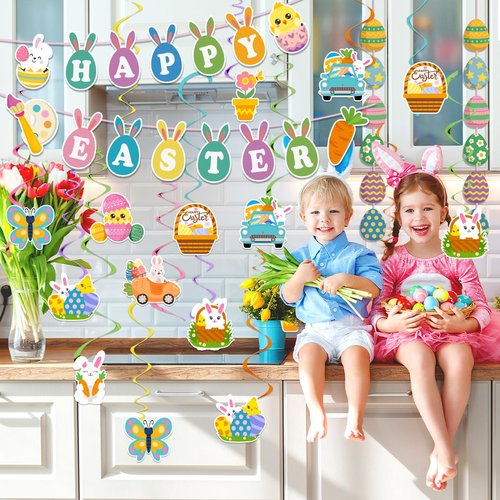 53pcs Easter Decorations for Home Easter Garland Happy Easter Banner Easter Decorations Indoor with Egg Bunny Hanging Swirl for Home School Classroom Easter Party Decorations
