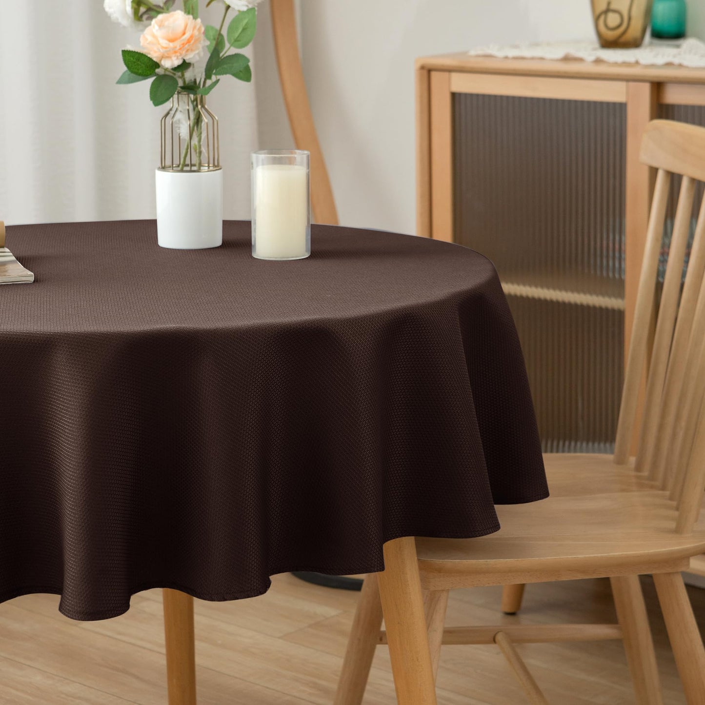 Biscaynebay Textured Fabric Round Tablecloths 70", Brown Water Resistant Table Cloth Circle Folding Table Covers for Dining, Kitchen, Wedding, Parties etc. Machine Washable