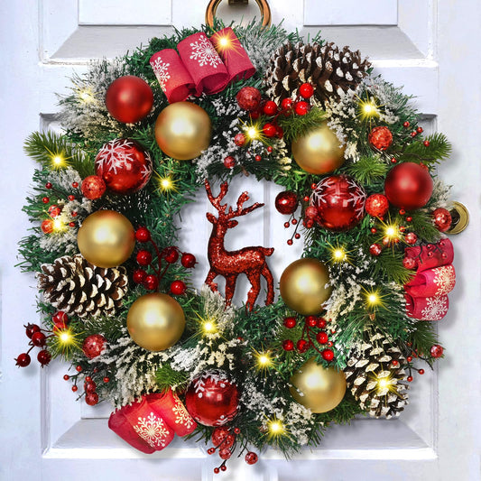 Christmas Wreath Decor-2 Pack 16'' Christmas Wreaths for Front Door with Sparkly Red Christmas Reindeer Berries Cones Pine Needles, Christmas Door Wreath for Home Door Wall Party Christmas Decorations