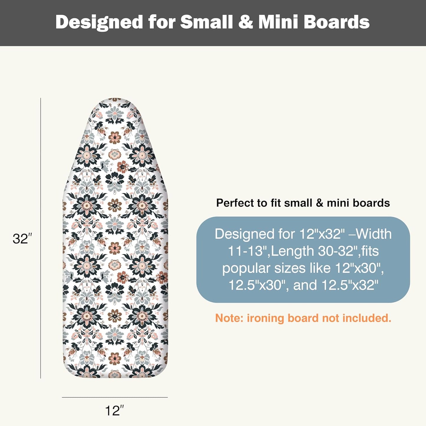 UniSimp Small Ironing Board Cover - Heat Resistant Cotton Canvas with Padding | 12"x32" Floral Design
