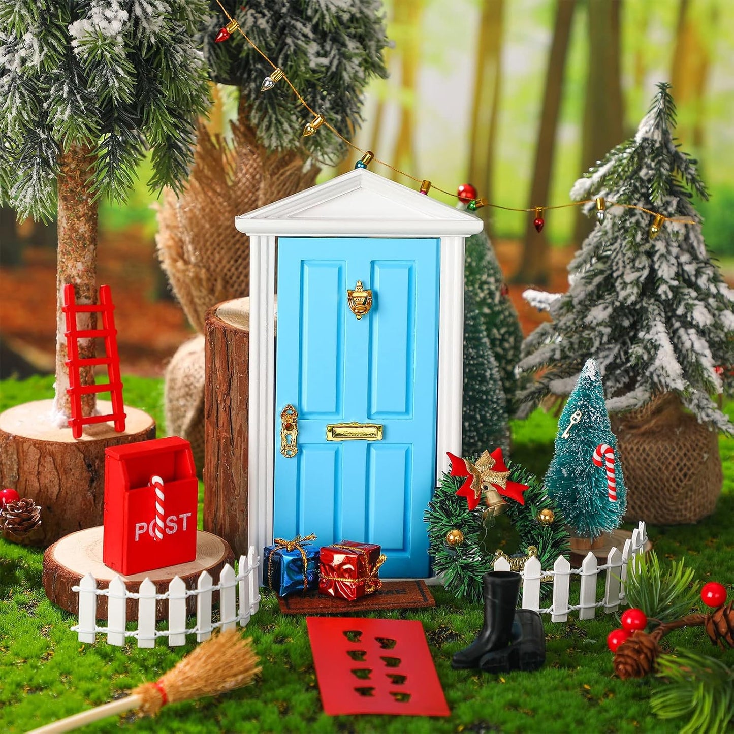 Skiennix Christmas Elf Fairy Doors - 20 Pcs Enchanted Miniature Outdoor Decor | Red & Blue