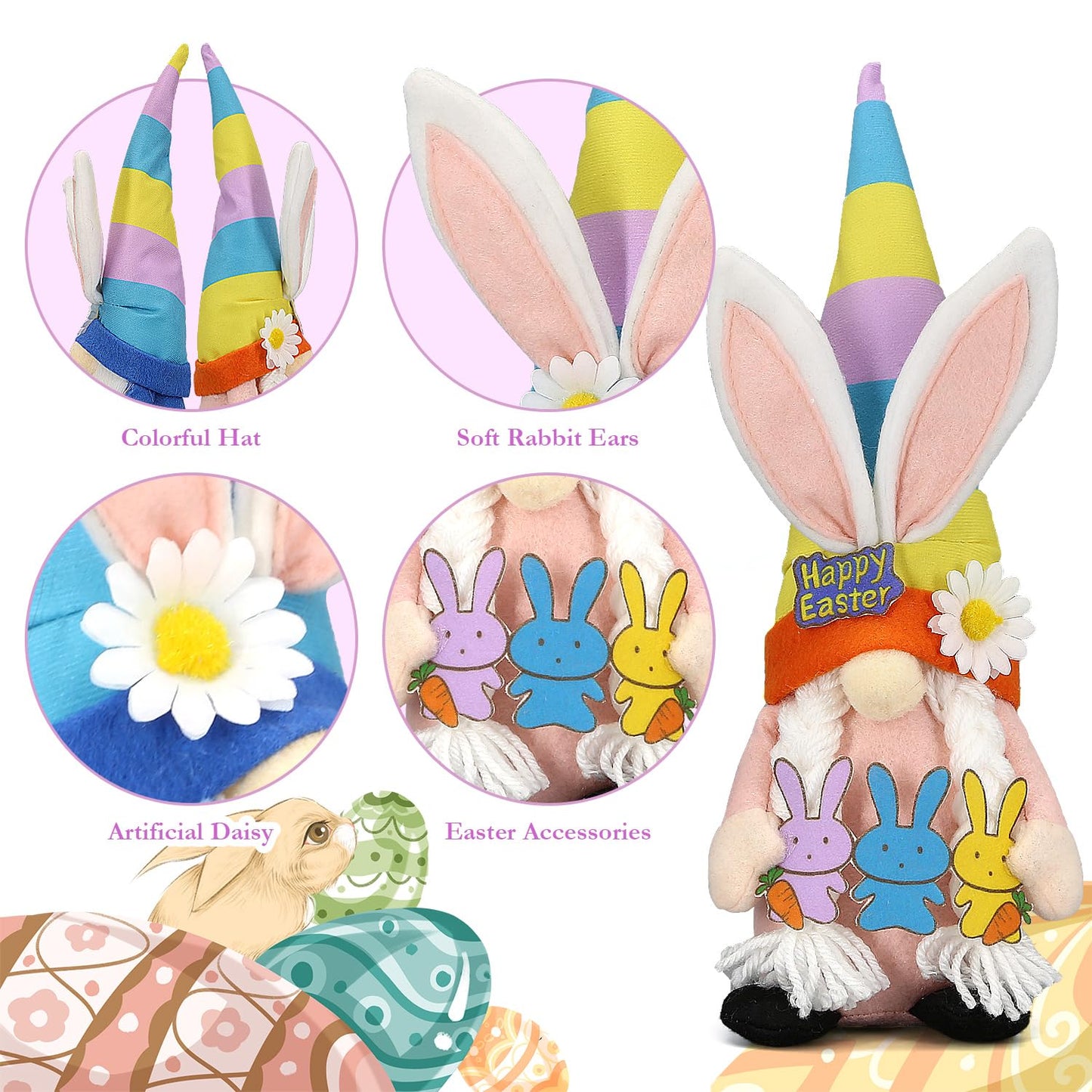 Lovinland Easter Decorations - Bunny Gnomes Decor for Home, Indoor, Tiered Tray, Office, Desk - Spring Rabbit Stuffed Centerpiece Table - Easter Basket Stuffers Essentials for Women - Gnome Gifts