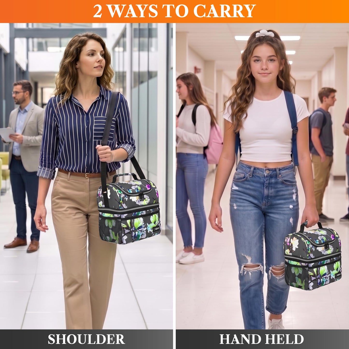 OPUX Insulated Lunch Bag for Women, Double Decker Leakproof Lunch Box Cooler Tote with Shoulder Strap, Large Lunchbox for Work School Travel Meal Prep, Adults Kids Men Girls Boys, Floral Gray, 16 Cans