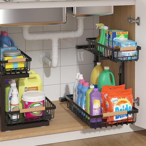 ADRIMER Under Sink Organizer - 2 Tier Pull-Out Kitchen & Bathroom Storage Shelf | Black, Set of 2