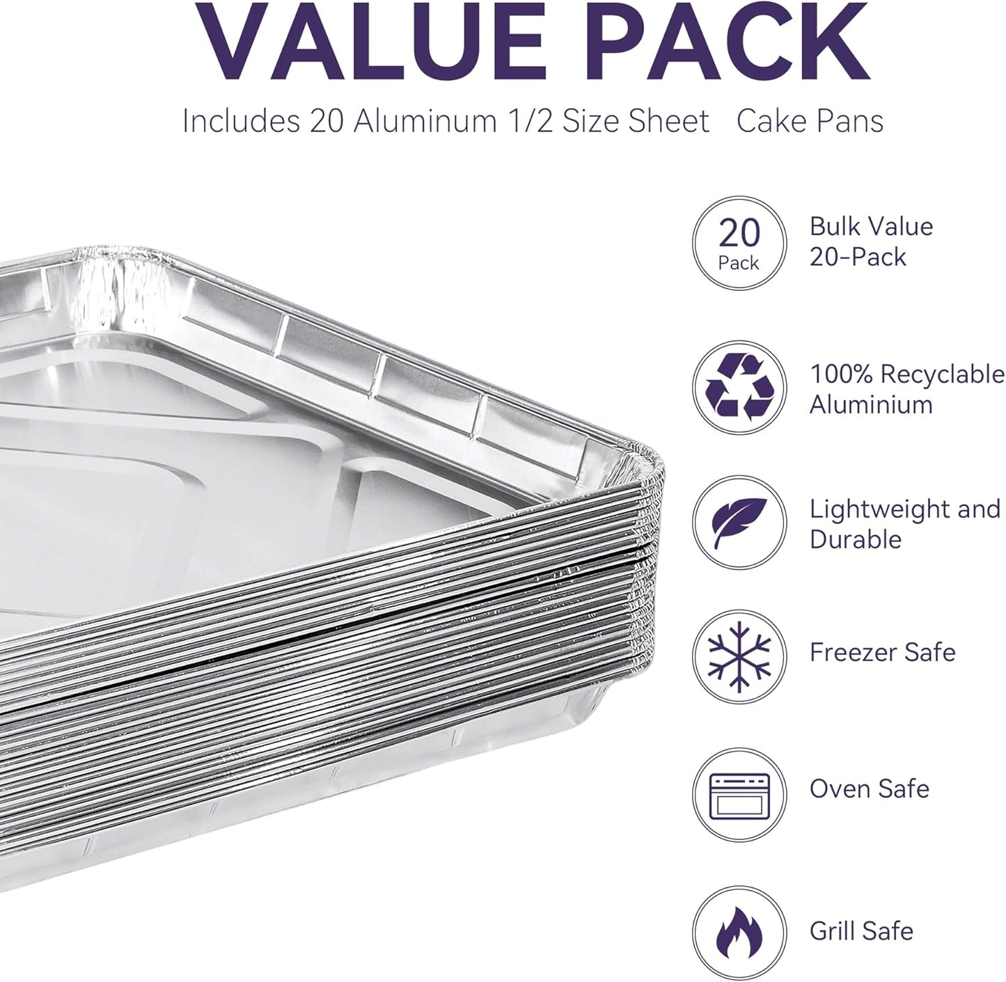 Aluminum Foil Pans - Disposable 1/2 Size Cookie & Cake Trays | 17x13 Inch (20 Pack) for Baking & Grilling
