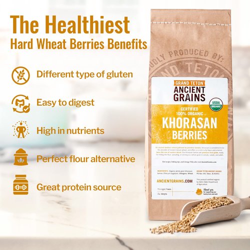Grand Teton - Ancient Grains Khorasan Wheat Berries, 100% Organic Berries, Premium Food-Grade Khorasan Grain, For Milling, Sprouting, Baking, Salads, Pilafs, & Soups, 5 lbs