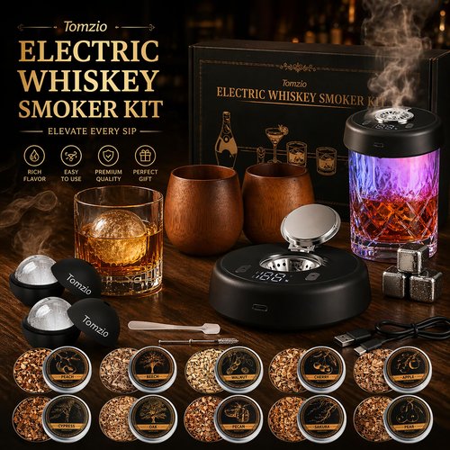 Electric Whiskey Smoker Kit, Torch-Free Rechargeable Cocktail Smoker with 7 Color Lights, All-in-1 Gift Set with 2 Wooden Whiskey Glasses, 10 Wood Chips, Ice Molds & Steel Cubes for Men, Dad