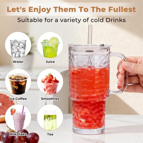 INNGOSAE 17oz Water Glass Tumbler with Handle & Lid, Reusable Iced Coffee Cups with Straws – Set of 2, Glass Cups Travel Mug for Beverages,Smoothies, Juice, Coffee, Tea