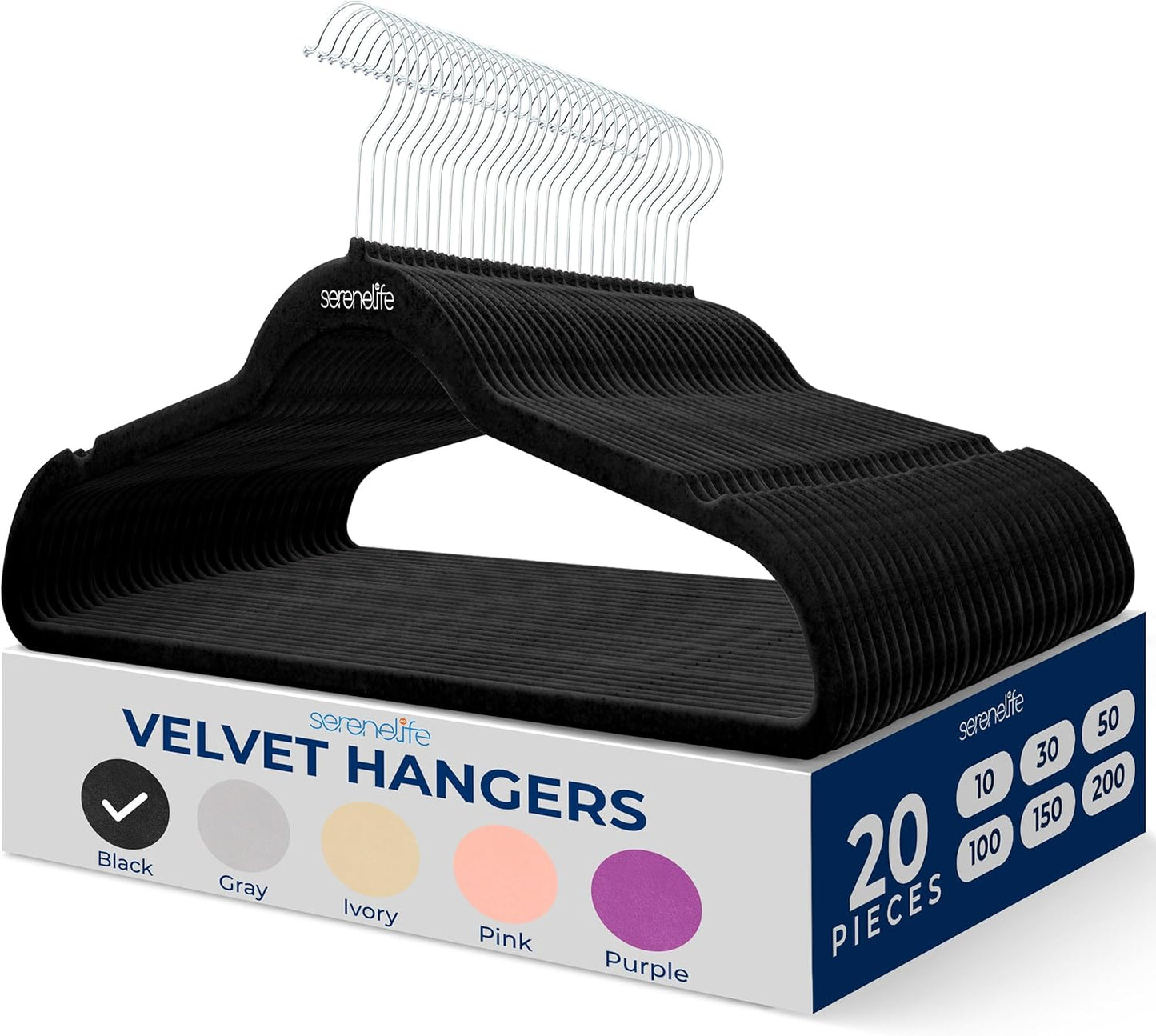 SereneLife Velvet Hangers - Non-Slip Heavy Duty Slim Coat Hangers with 360° Swivel Hook | 20 Pack (Black)