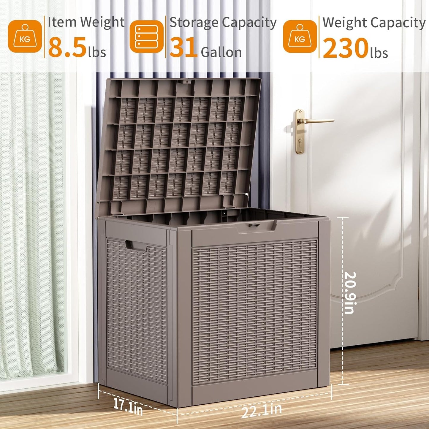 Skiennix 31 Gallon Outdoor Deck Box - Lockable Waterproof Storage for Garden Tools & Cushions | Grey