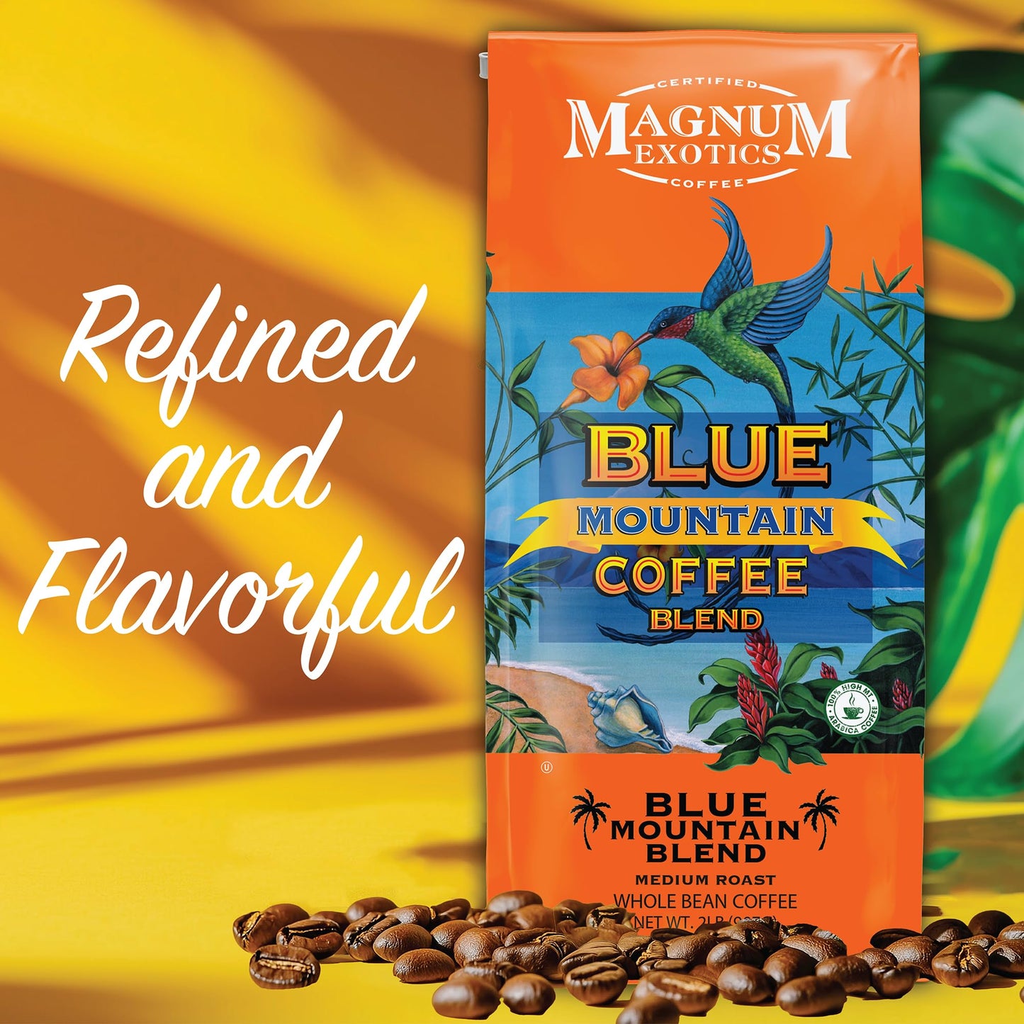 Magnum Exotics Coffee, Blue Mountain Blend - Medium-Light Roast, Whole Bean, Made from 100% Arabica Beans, Rich & Smooth Flavor, Fresh Roast - Blue Mountain Blend, 2 Lb Bag (32 oz)