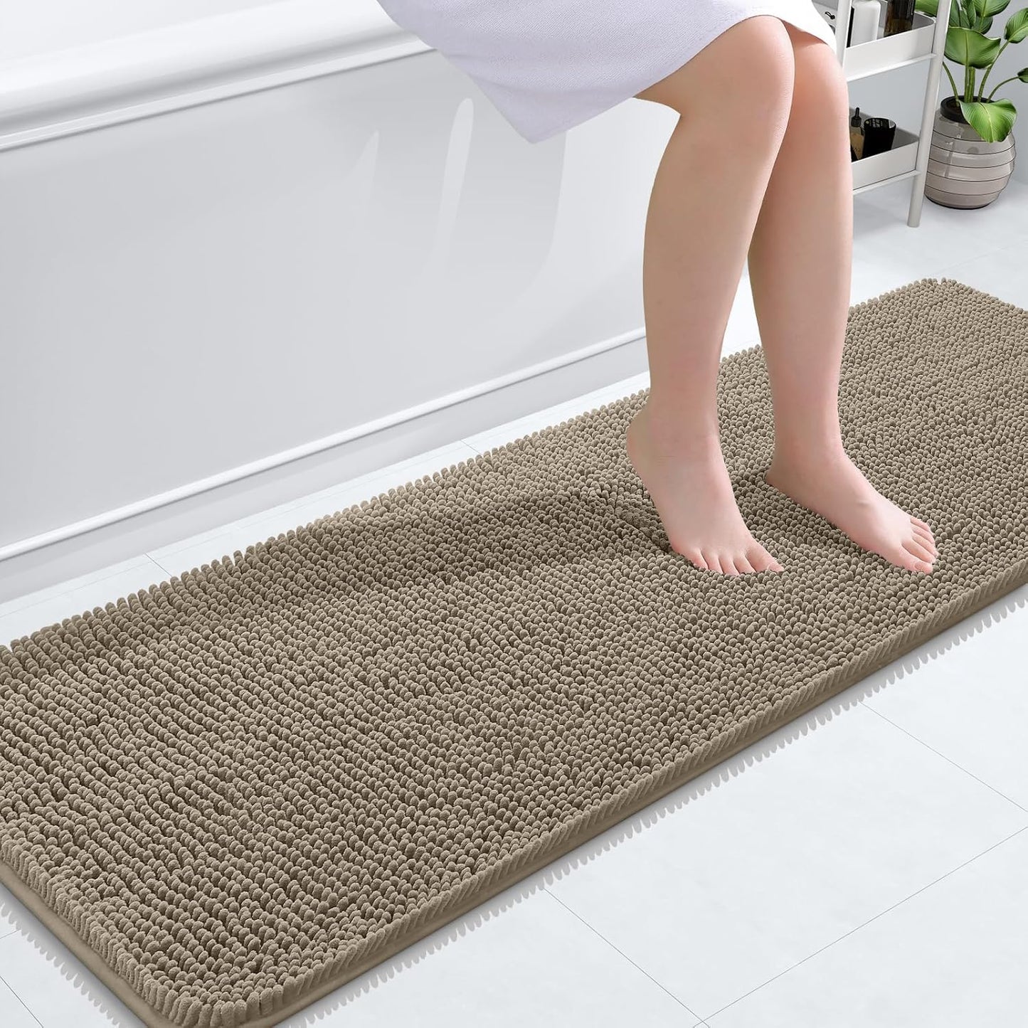 OLANLY Bathroom Runner Rug - Soft Absorbent Chenille with Rubber Backing | Quick Dry, 59x20 Inches, Warm Taupe