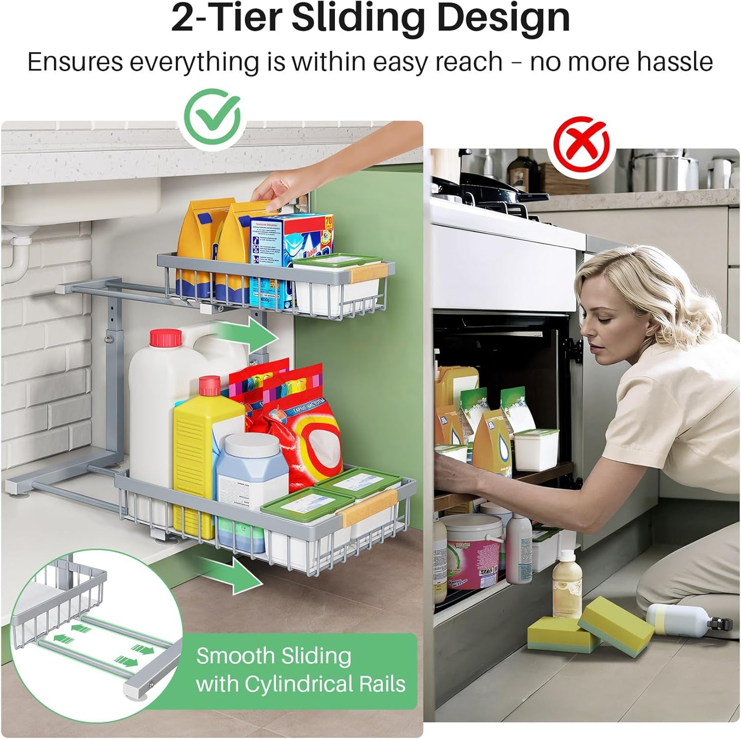 Kitstorack Under Sink Organizer - 2-Tier Metal Storage Rack with Pull-Out Drawers | Grey, 2 Pack