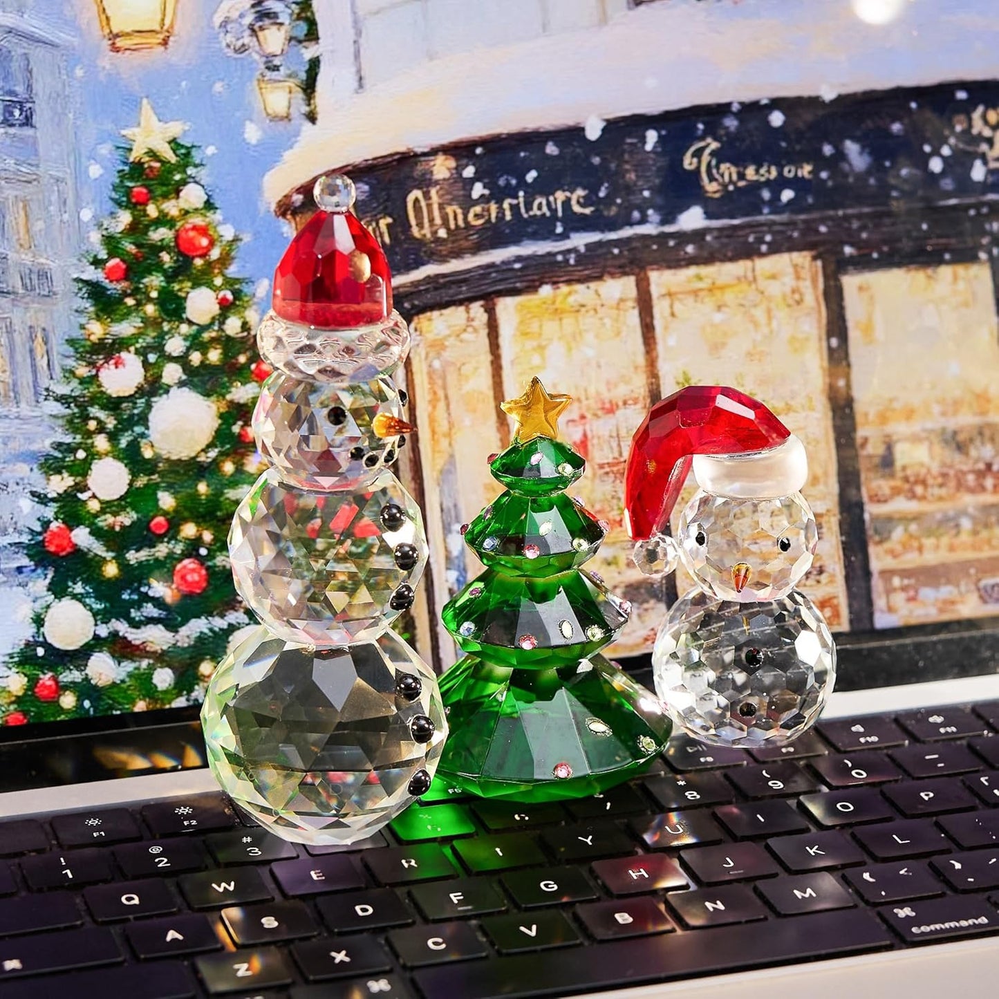 QFkris Crystal Snowman and Tree Figurines Set - Elegant Glass Christmas Decor | Small Tabletop Paperweights