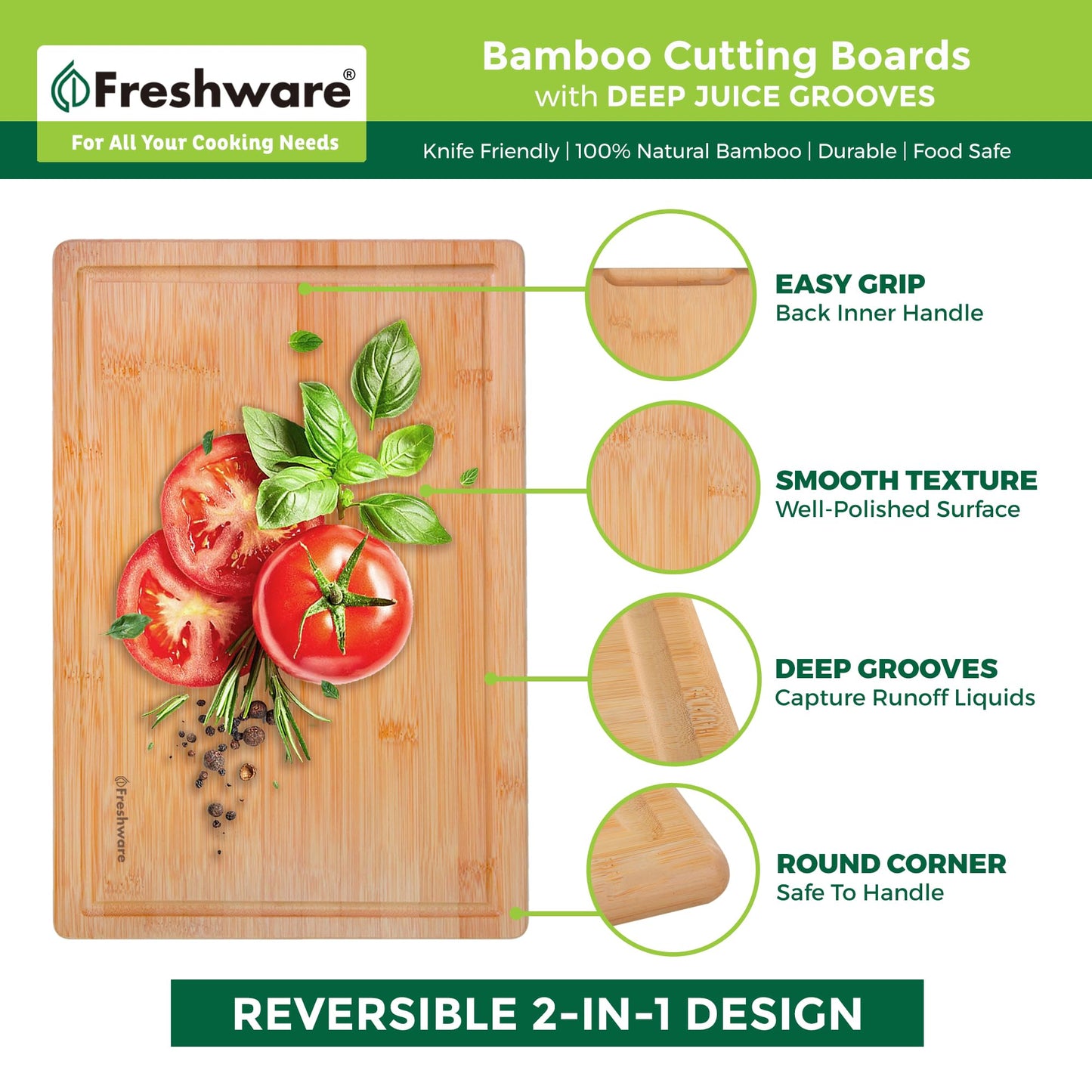 Freshware Wood Cutting Boards for Kitchen - Bamboo Cutting Board Set of 3, Cutting Boards with Juice Grooves, Serving Board Set, Chopping Board for Meat, Veggie, Easy Grip Handle (9x6", 12x8", 15x10")